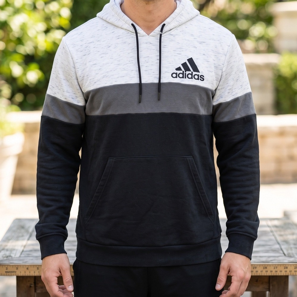 Adidas Mens Colorblock Hoodie White Grey Black Badge of Sport Pullover XL